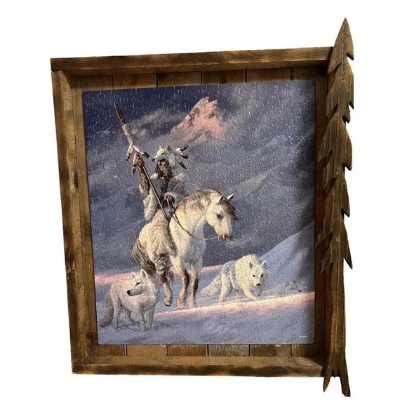 VTG Native American White Horse Wolves Wooden Framed Puzzle Arrow Art Decor - Picture 1 of 12